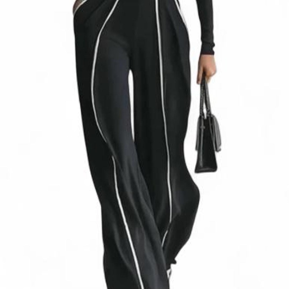UOOZEE Women's High Waisted Loose Belted Contrast Color Pocketed Pants